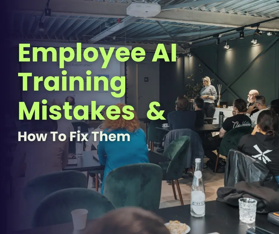 A group of professionals attends a presentation on "Employee AI Training Mistakes & How to Fix Them." The speaker, standing in front of a projector screen, addresses the audience in a modern meeting space.
