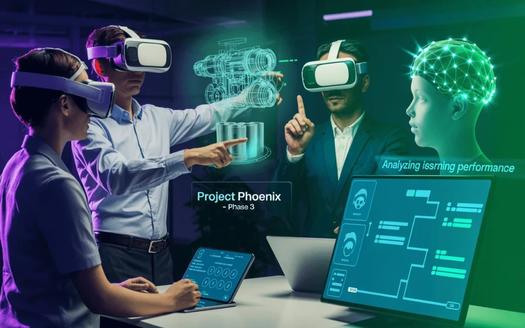 Four professionals wearing VR headsets interact with holograms in a futuristic setting, showcasing the future of employee training through "Project Phoenix - Phase 3" to analyze performance and enhance skills.