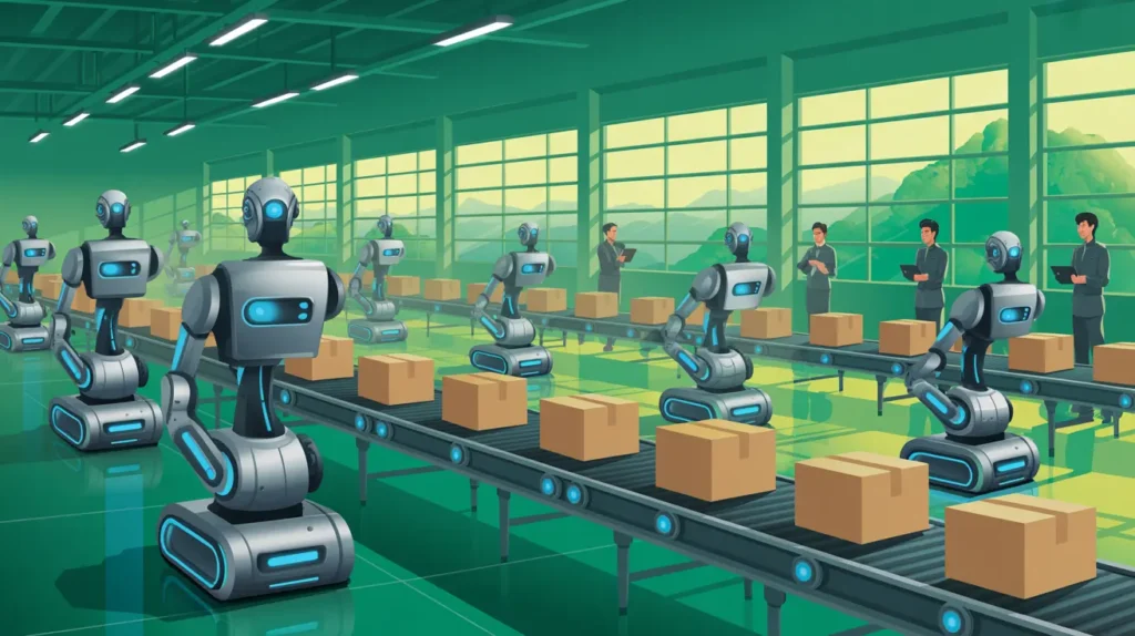 Robots on a factory conveyor move cardboard boxes while human supervisors with tablets monitor the line inside a bright warehouse.