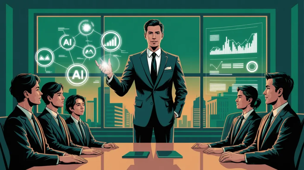 AI Business leader in a suit stands at a boardroom table presenting an AI strategy, with glowing AI icons and data charts floating on screens, while five colleagues in formal attire listen; city skyline at dusk visible through the window.