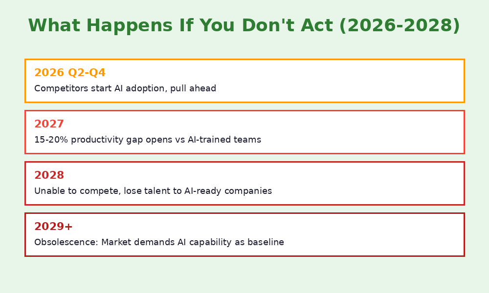 Impact timeline showing what happens if Malaysian companies don't address AI skills gap from 2026 to 2029